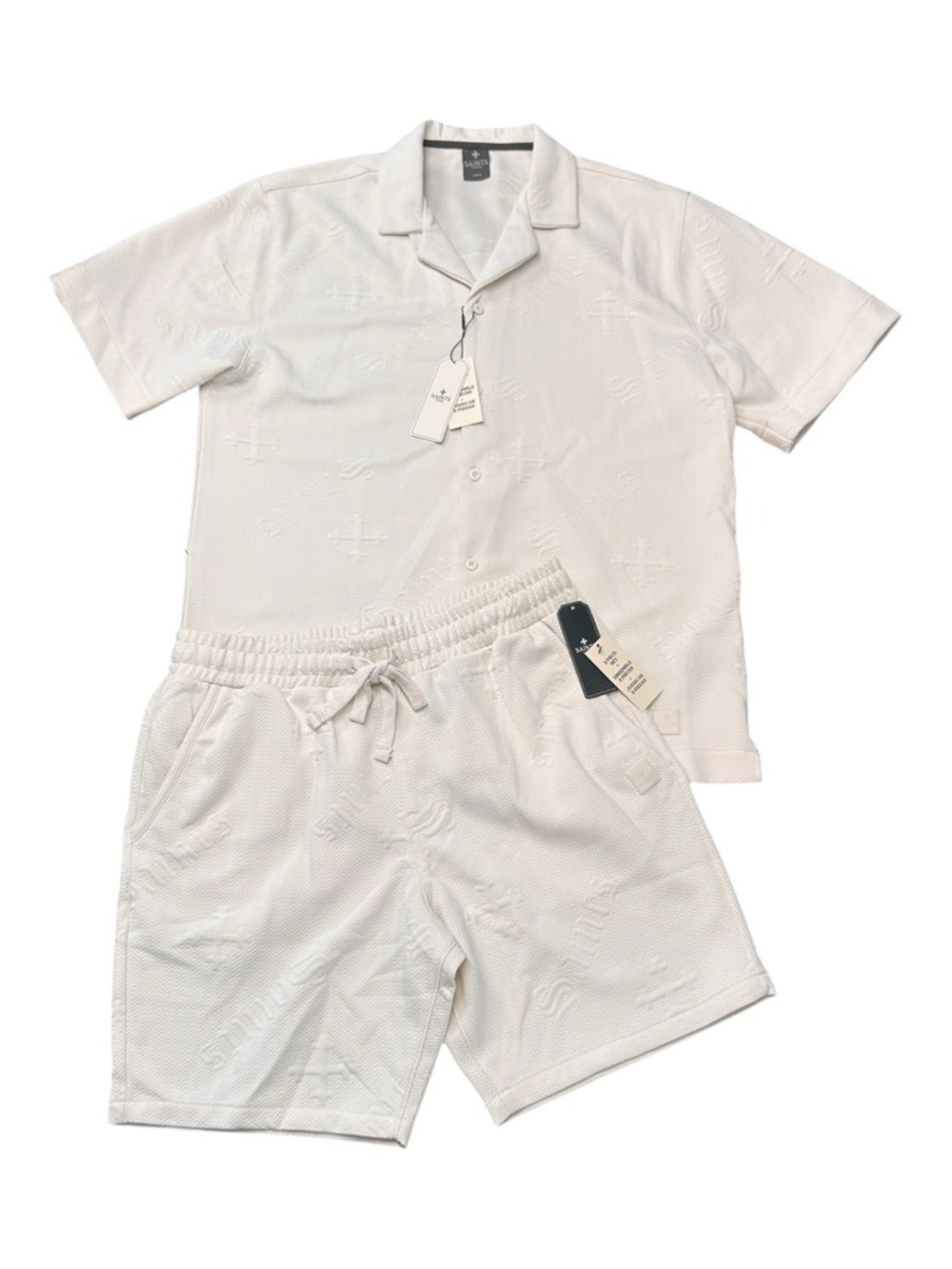 Saints White Knit Short Sleeve Button Shirt & Drawstring Shorts Set Size L NWT